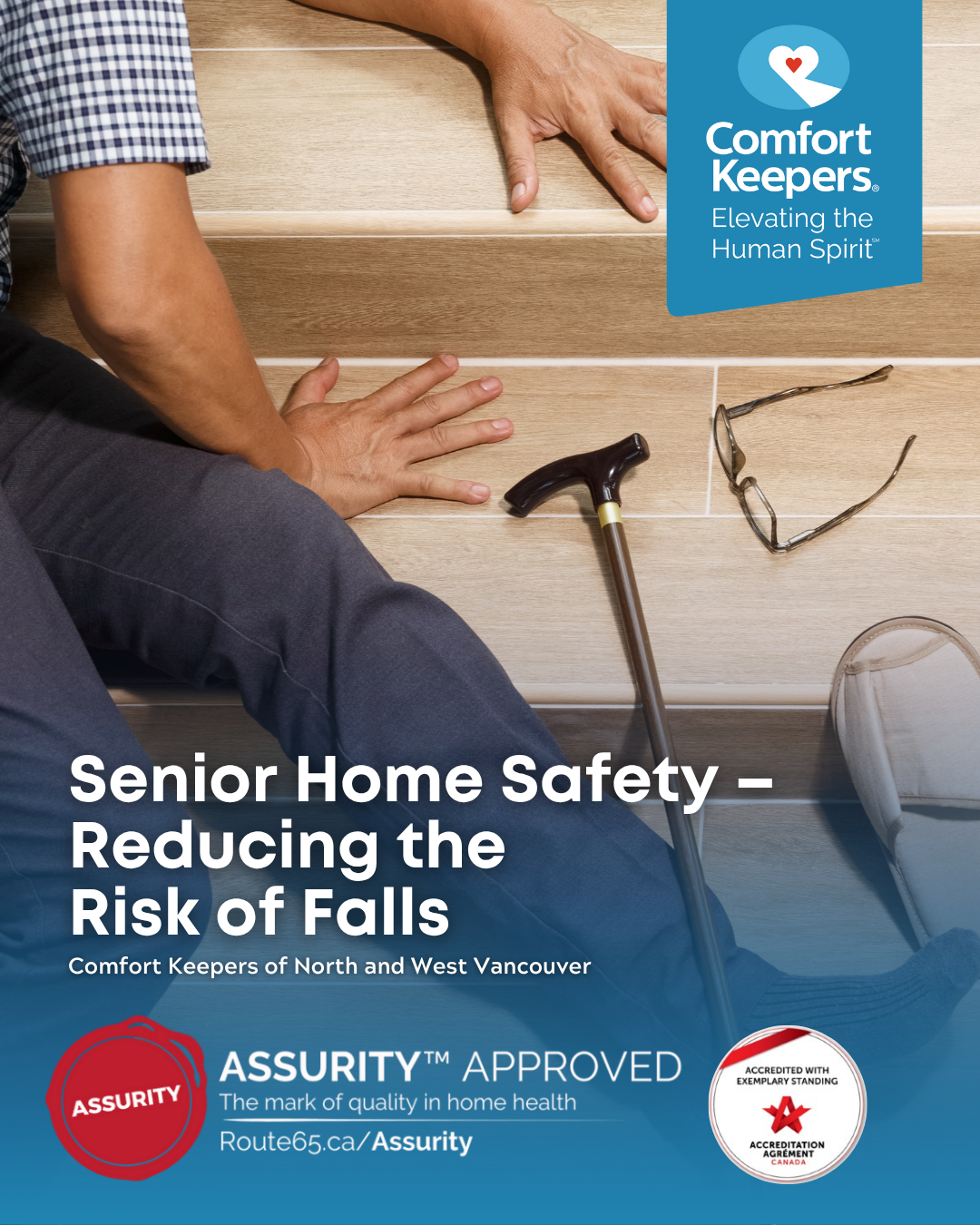 Senior male fallen on stairs | Senior Home Safety - Reducing the Risk of Falls | Comfort Keepers North and West Vancouver | BLOG POST