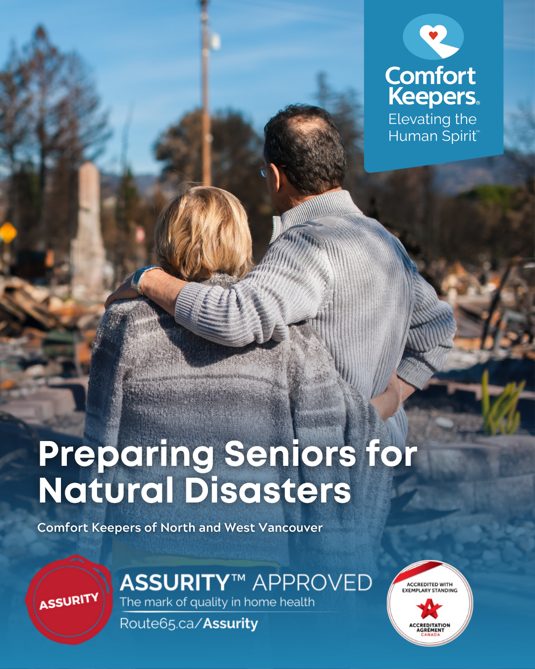 Senior couple stands before the aftermath of a natural disaster | Preparing Seniors for Natural Disasters | Comfort Keepers North and West Vancouver | BLOG POST