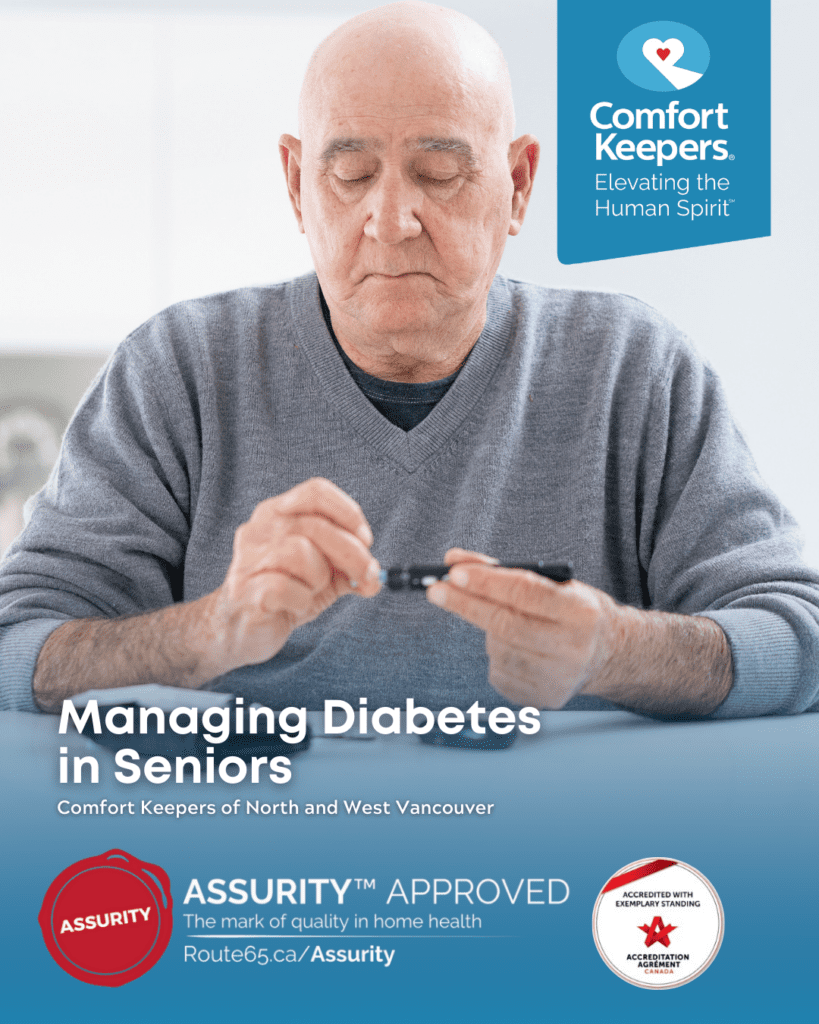 Senior male seated a table checking glucose levels | Managing Diabetes in Seniors | Comfort Keepers North Vancouver West Vancouver | BLOG POST