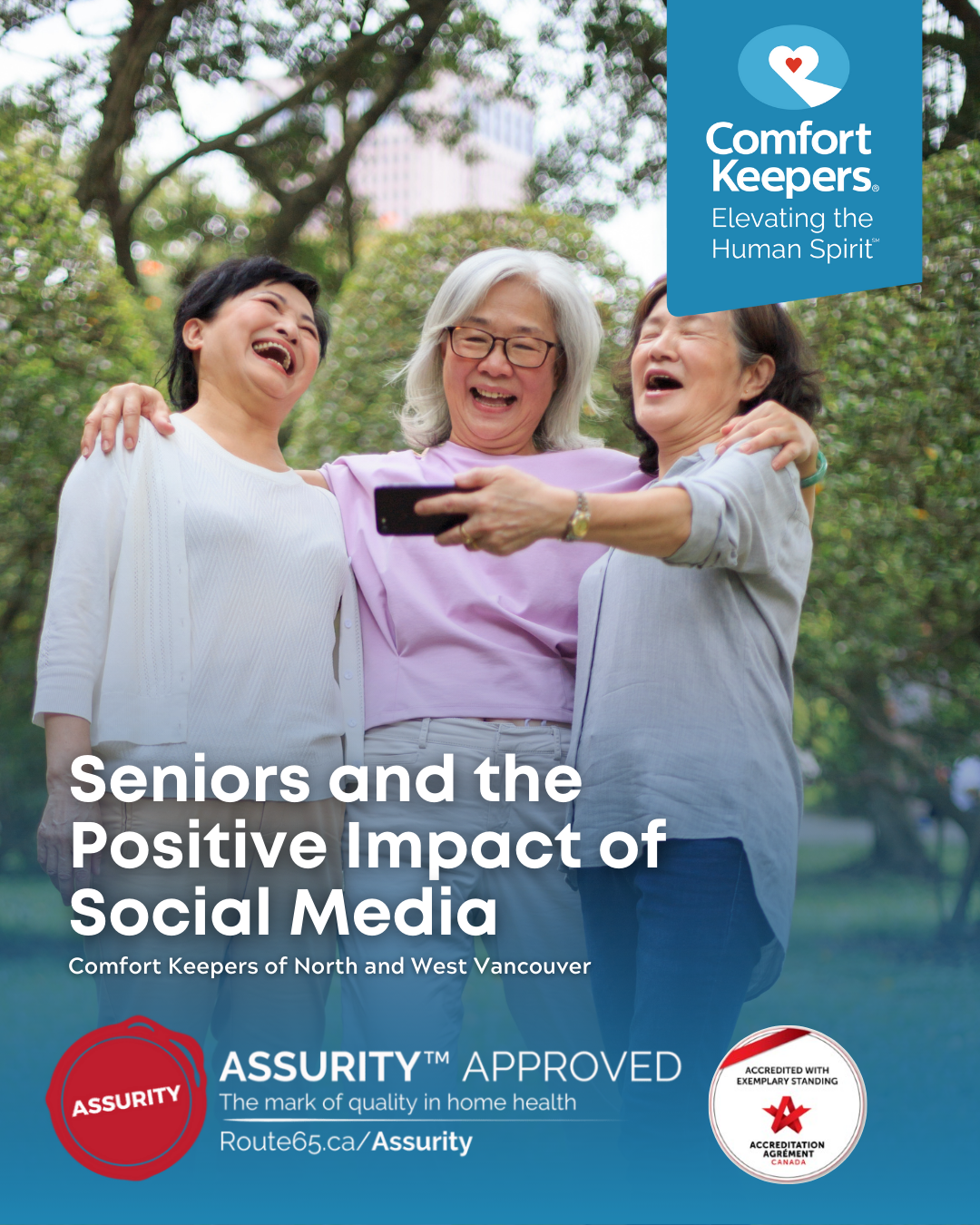 Three Senior Women Taking a selfie. | Seniors and The Positive Impact of Social Media | Comfort Keepers North and West Vancouver | BLOG POST