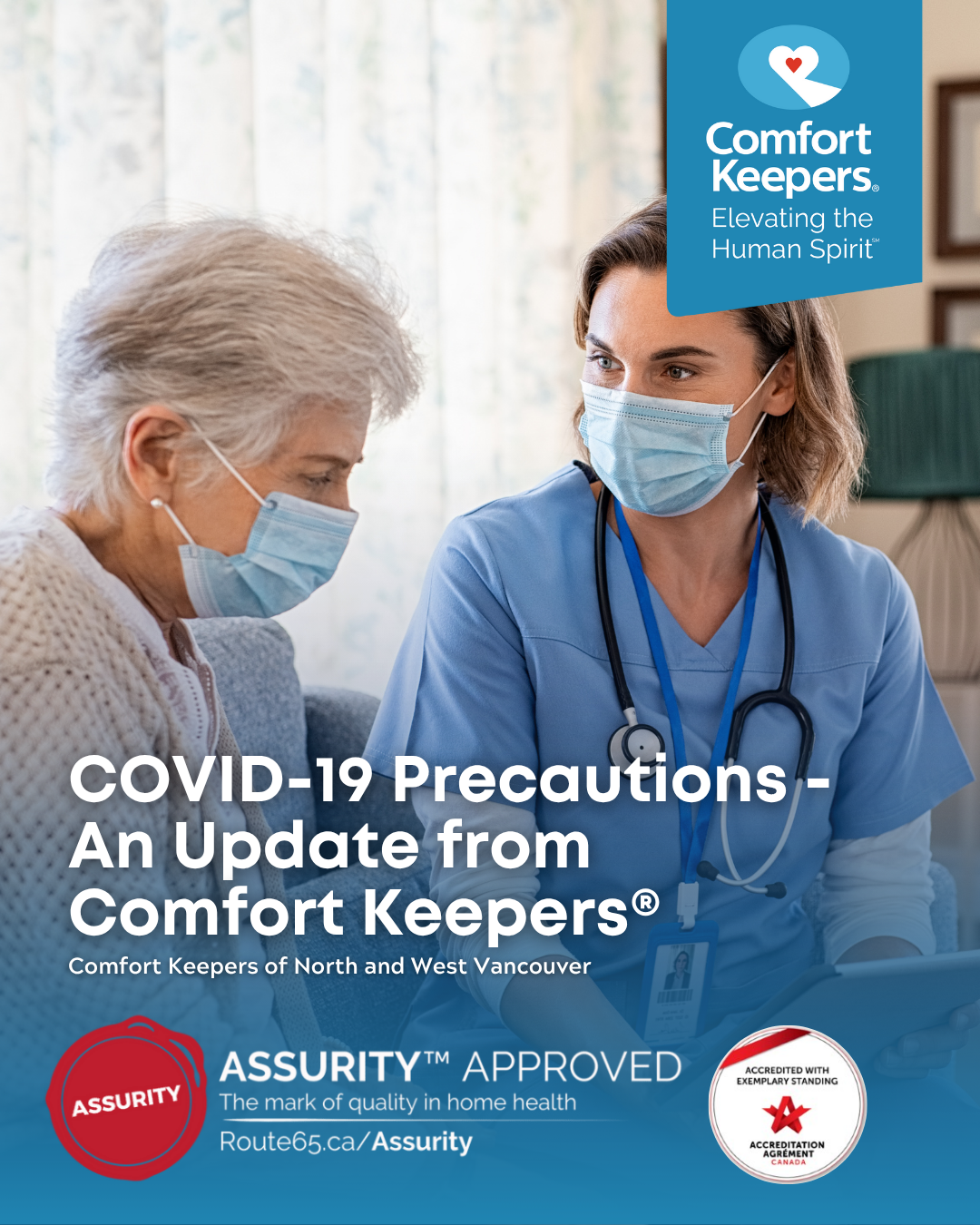 Senior woman with caregiver both wearing mask | COVID-19 Precautions - An Update From Comfort Keepers | Comfort Keepers North & West Vancouver | BLOG POST