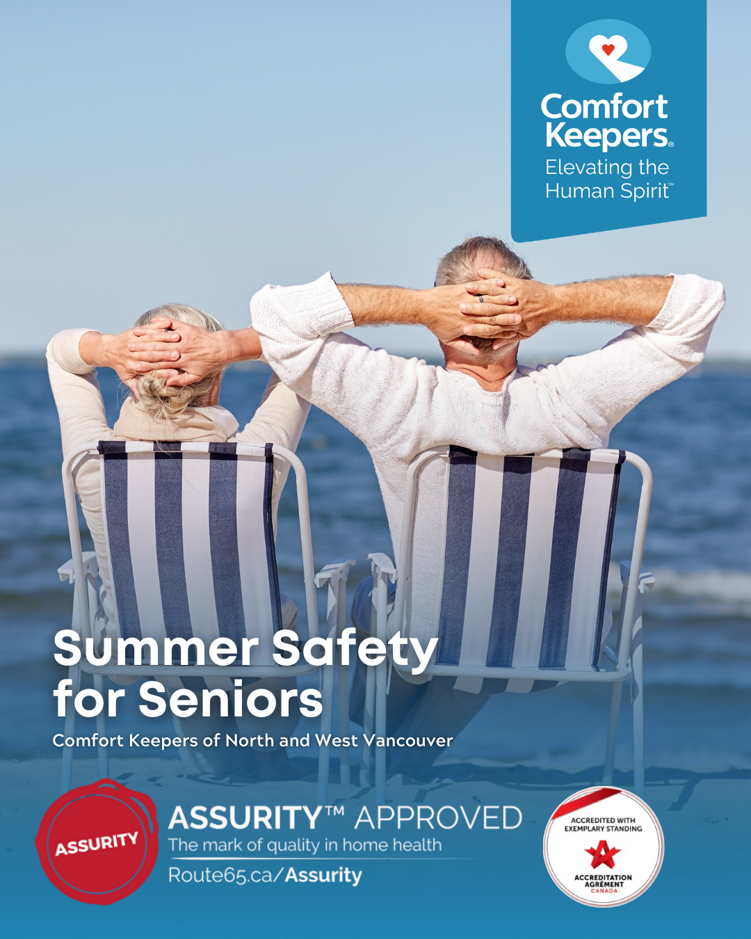 Senior couple sitting in beach chairs overlooking the ocean | Summer Safety for Seniors | Comfort Keepers North and West Vancouver | BLOG POST