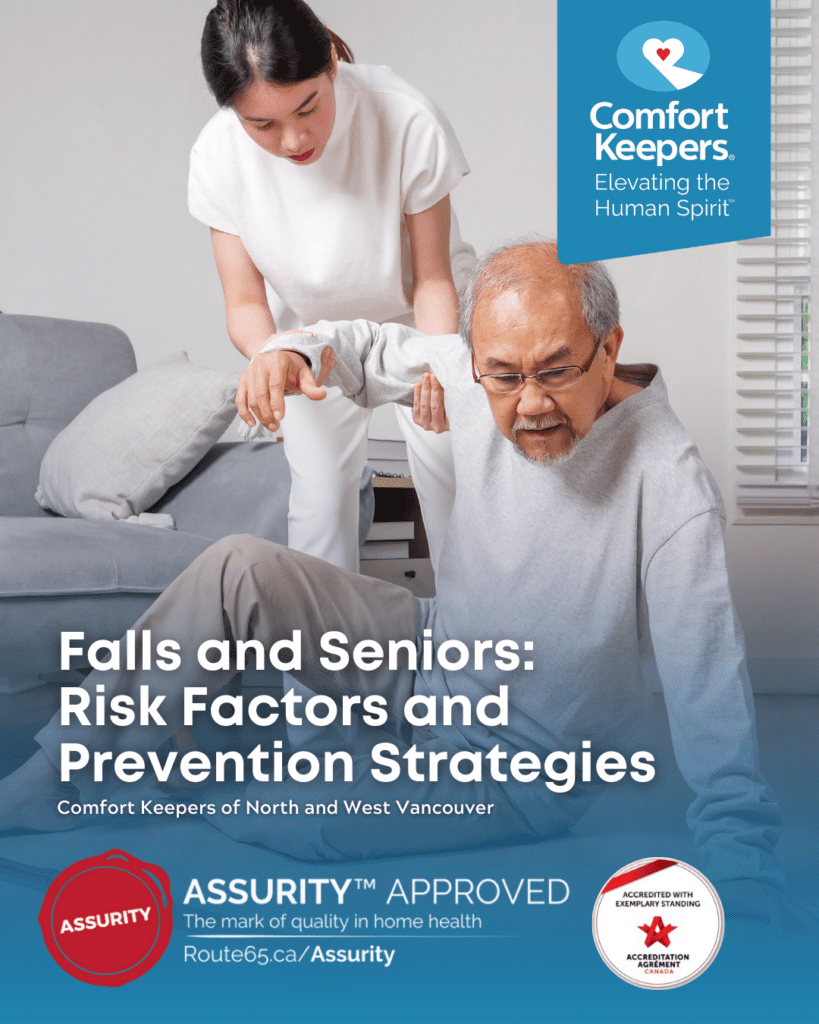 Senor male fallen to ground and caregiver assisting him up | Falls and Seniors: Risk Factors and Prevention Strategies | Comfort Keepers North and West Vancouver | BLOG POST