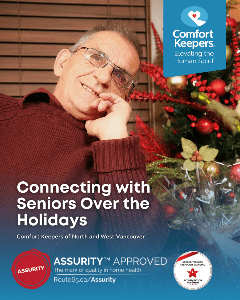 Senior male seated in front of Christmas tree | Connecting with Seniors Over the Holidays | Comfort Keepers North and West Vancouver | BLOG POST