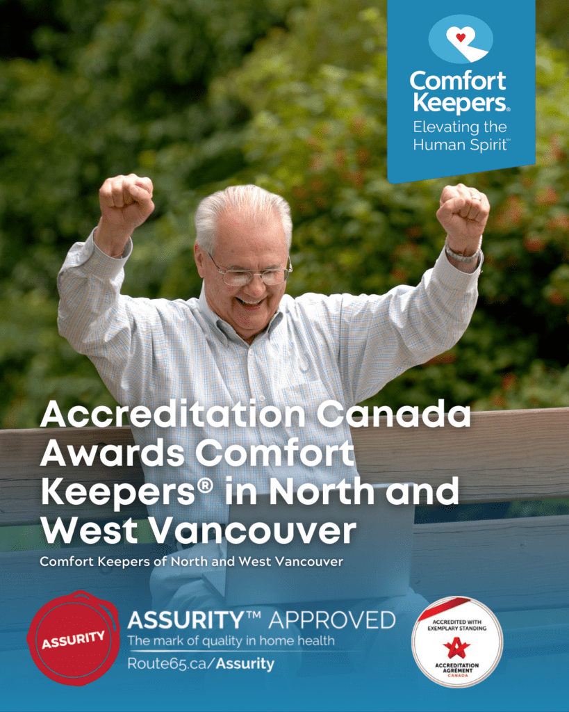 Senior male seated on park bench with arms outstretched in congratulations | Accreditation Canada Awards Comfort Keepers in North and West Vancouver | Comfort Keepers in North and West Vancouver | BLOG POST
