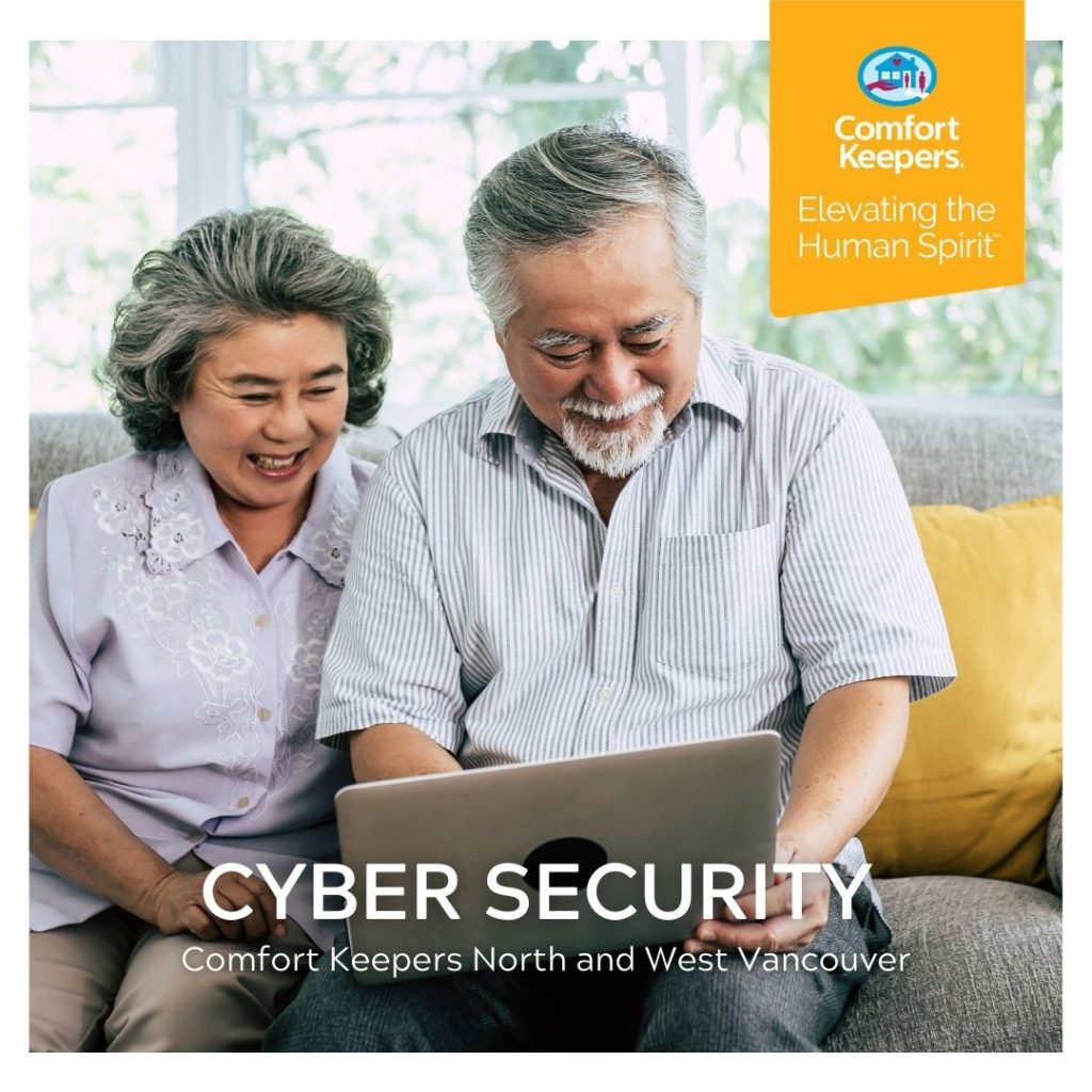 Seniors seated on couch looking at tech device | Cyber Security | BLOG POST | Comfort Keepers North and West Vancouver