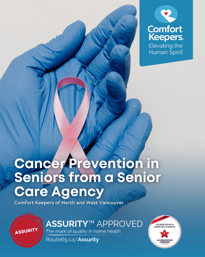 Hands in surgical gloves holding a pink Cancer ribbon | Cancer Prevention in Seniors From a Senior Care Agency | Comfort Keepers North and West Vancouver | BLOG POST