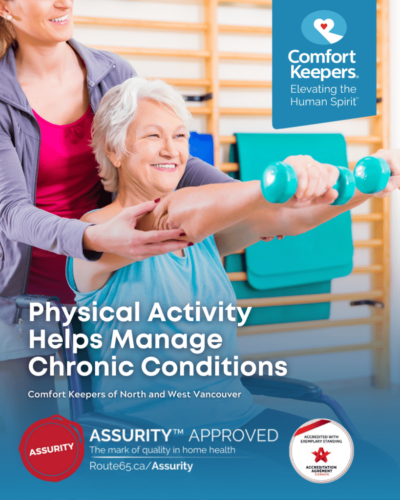 Senior woman in wheelchair lifting small weights with caregiver | Physical Activity Helps Manage Chronic Conditions | Comfort Keepers North and West Vancouver | BLOG POST