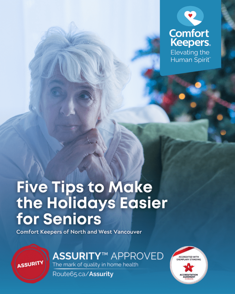 Senior woman seated on couch in front on Christmas tree | Five Tips to Make the Holidays Easier for Seniors | Comfort Keepers North and West Vancouver | BLOG POST