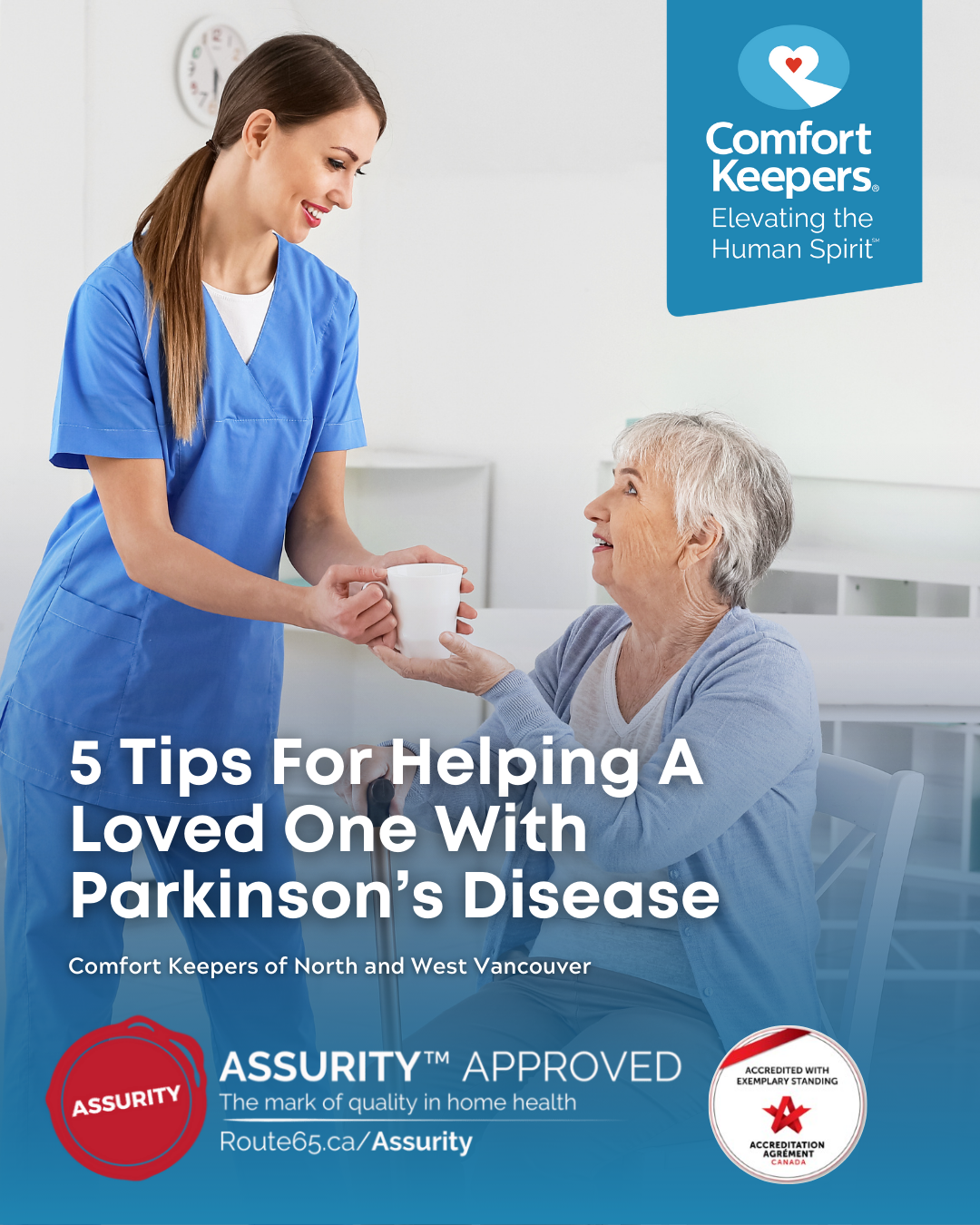 Senior woman being handed a cup from caregiver | 5 Tips For Helping A Loved One With Parkinson's Disease | Comfort Keepers North and West Vancouver | BLOG POST