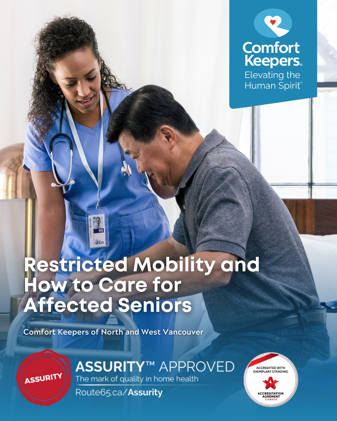 Senior male getting out of bed with the assistance of a caregiver | Restricted Mobility and How to Care for Affected Seniors | Comfort Keepers North and West Vancouver