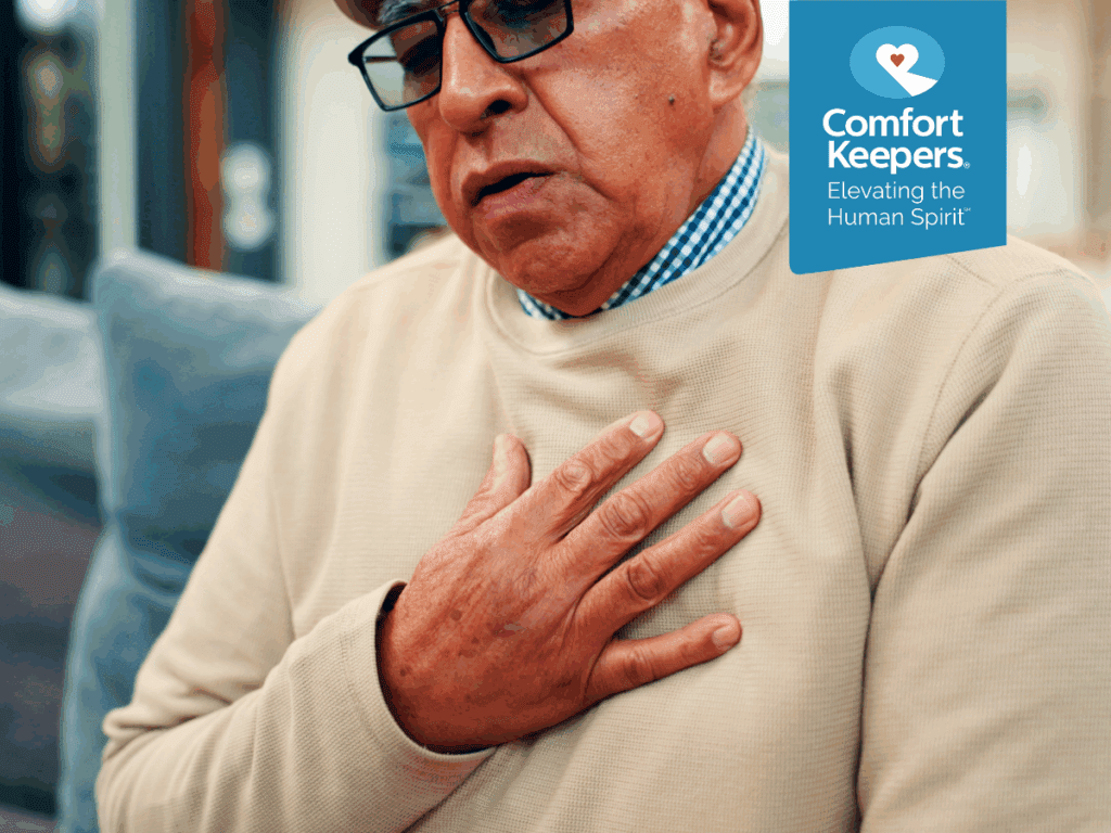 A senior male grasps his chest | What Does a Heart Attack Look Like? | Comfort Keepers North and West Vancouver