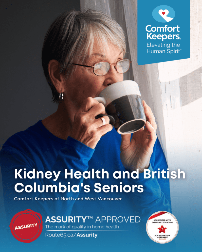 Senior woman drinking coffee looking out window | Kidney Health | Comfort Keepers North and West Vancouver | BLOG POST