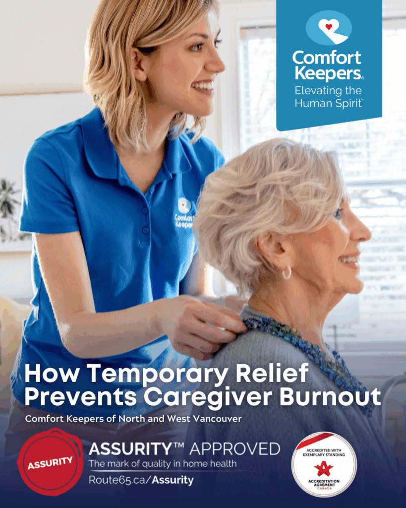 Senior woman with Caregiver, both smiling | Comfort Keepers North and West Vancouver | Respite Care: How Temporary Relief Prevents Caregiver Burnout | BLOG POST