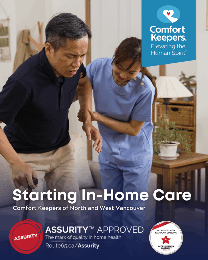 Senior male with cane supported by caregiver | Comfort Keepers North and West Vancouver | Starting In-Home Care | BLOG POST