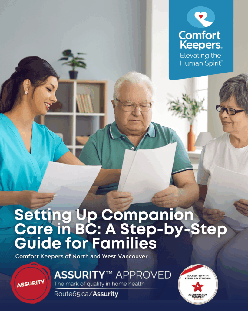 A senior couple sits with caregiver | Setting Up Companion Care in BC: A Step-by-Step Guide for Families | Comfort Keepers North and West Vancouver | BLOG POST