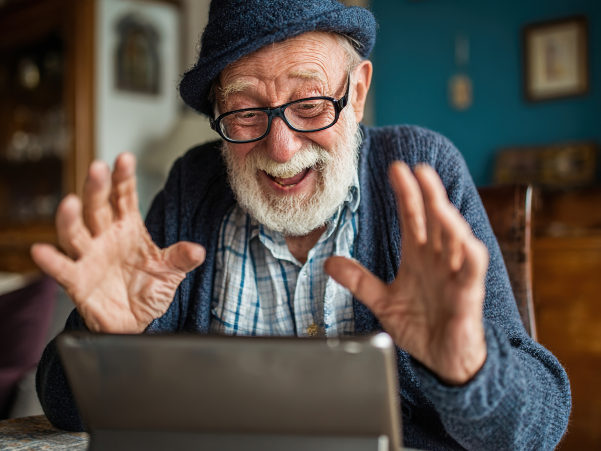 A senior male engages excitedly on his laptop | Seniors and the Positive Impact of Social Media | Comfort Keepers North and West Vancouver