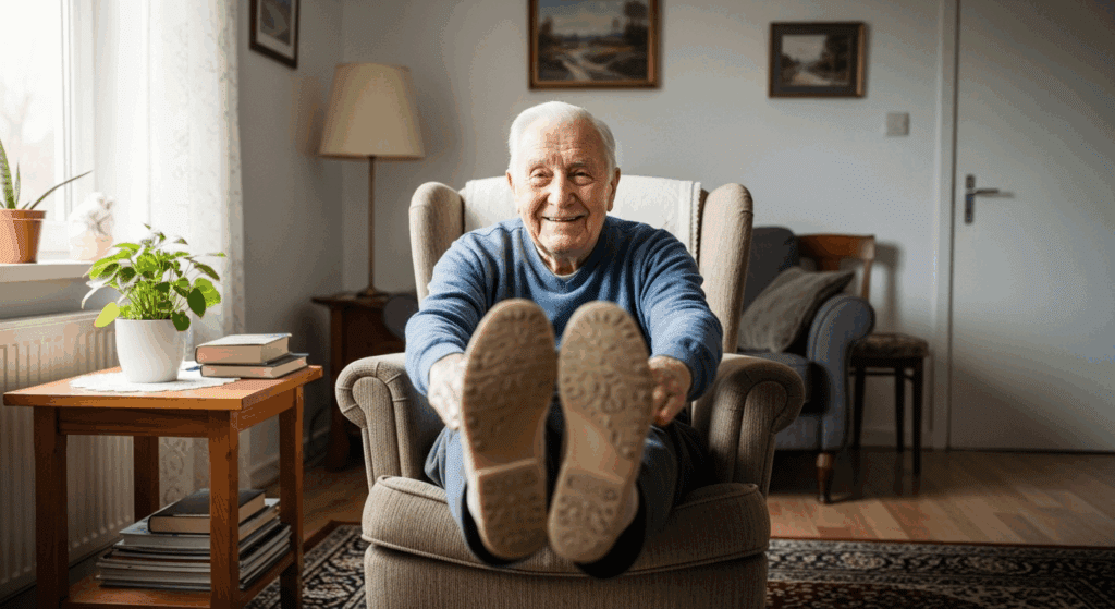 Senior man doing exercises while seated in chair | At Home Workouts for Seniors in North and West Vancouver: Safe, Gentle Exercise That Work | Comfort Keepers North and West Vancouver 
