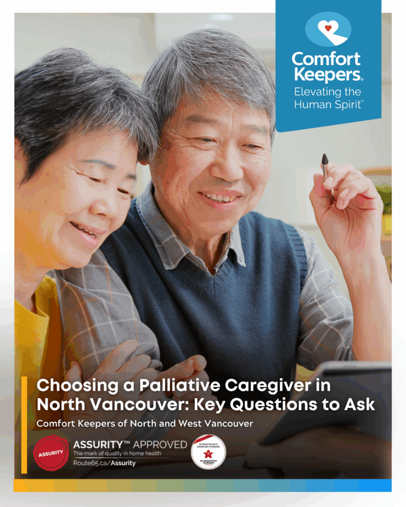 A senior couple smiles as they work on something together | Choosing a Palliative Caregiver in North Vancouver | Comfort Keepers North and West Vancouver | BLOG POST