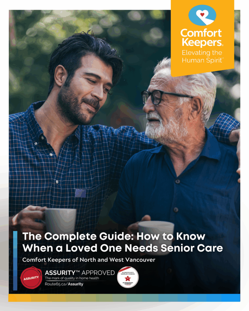 A senior male enjoying a coffee with a caregiver | How to Know When a Loved One Needs Senior Care | Comfort Keepers North and West Vancouver | BLOG POST