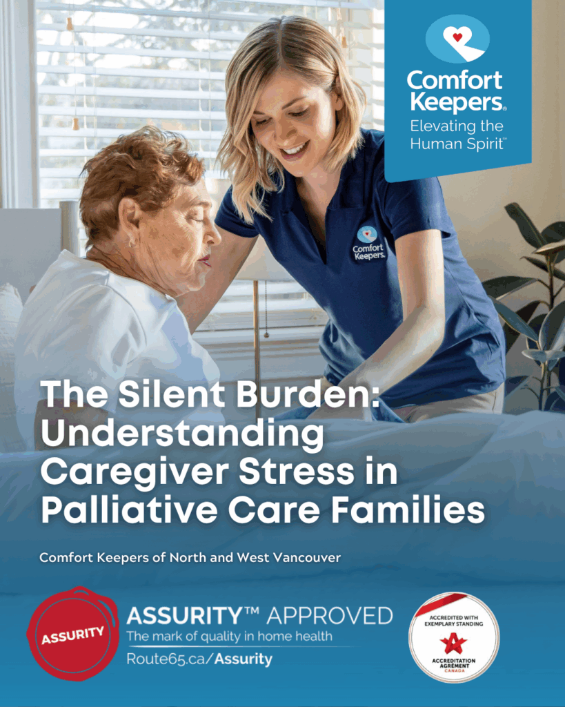 Senior woman being assisted from bed by caregiver | The Silent Burden: Understanding Caregiver Stress in Palliative Care Families | Comfort Keepers North and West Vancouver | BLOG POST