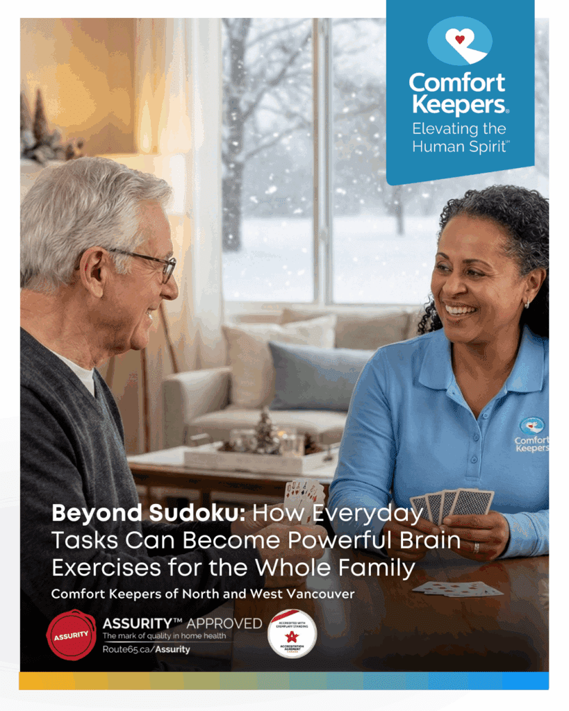 A senior male is seated at a table with a caregiver | Beyond Sudoku: How Everyday Tasks Can Become Powerful Brain Exercises for the Whole Family | Comfort Keepers North and West Vancouver