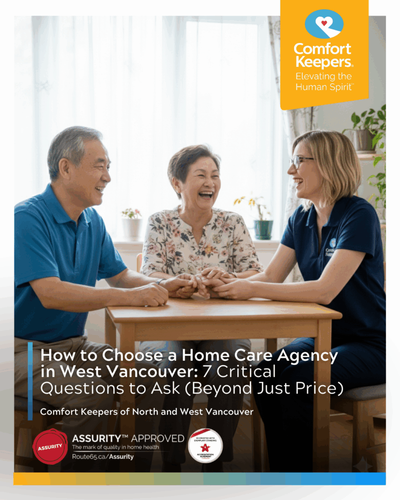 A senior couple sitting at a table with a caregiver | How to Choose a Home Care Agency in West Vancouver: 7 Critical Questions to Ask (Beyond Just Price) | Comfort Keepers North and West Vancouver