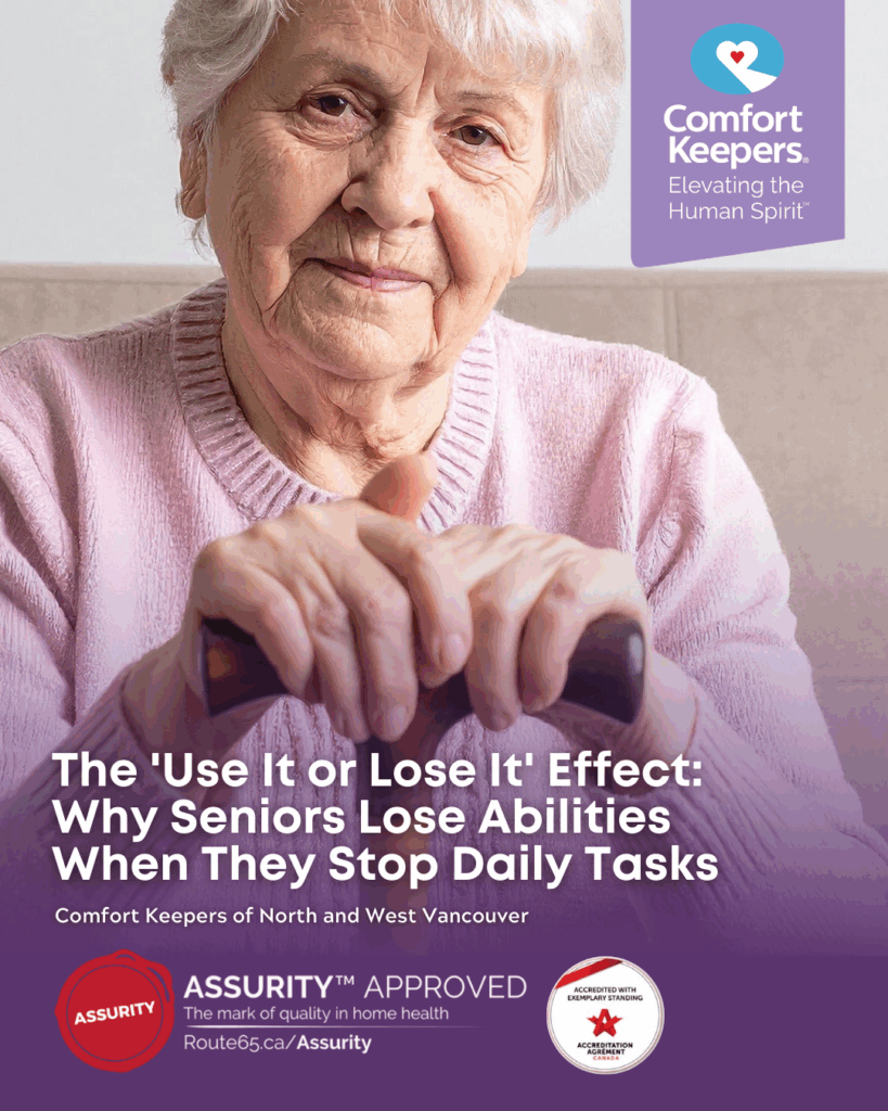 A senior woman with a cane sitting on a couch | The "Use of Lose It" Effect: Why Seniors Lose Abilities When They Stop Daily Tasks | Comfort Keepers North and West Vancouver