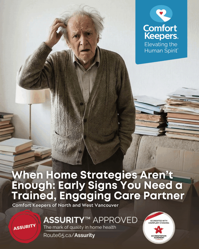 A senior male scratching his head surrounded by piles of paper | When Home Strategies Aren’t Enough: Early Signs You Need a Trained, Engaging Care Partner | Comfort Keepers North and West Vancouver