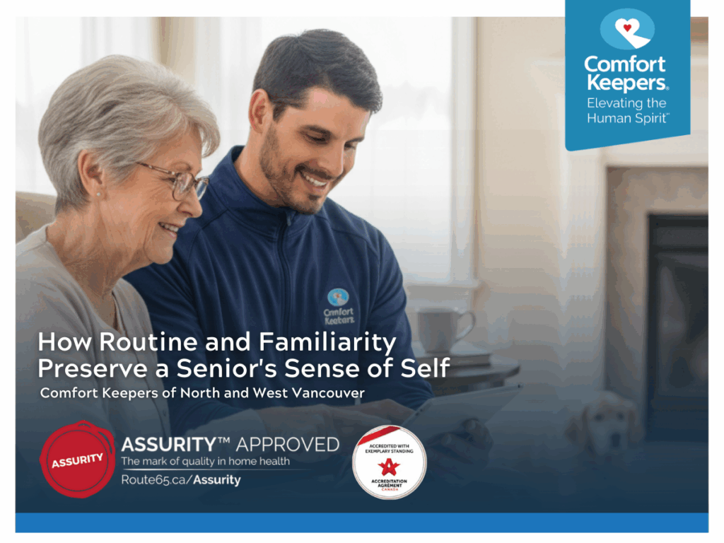 A senior sits on the couch with her caregiver | Routine Supports Seniors' Mood and Identity | Comfort Keepers North and West Vancouver