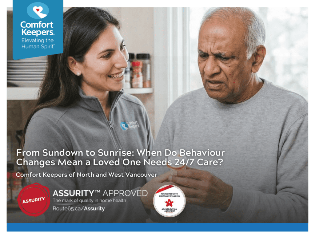 A senior male looks at a bottle of medication with his caregiver | When Behaviour Changes Mean a Loved One Needs 24/7 Care | Comfort Keepers North and West Vancouver