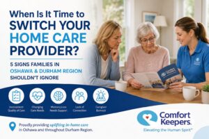 Family discussing changing a senior home care provider in Oshawa