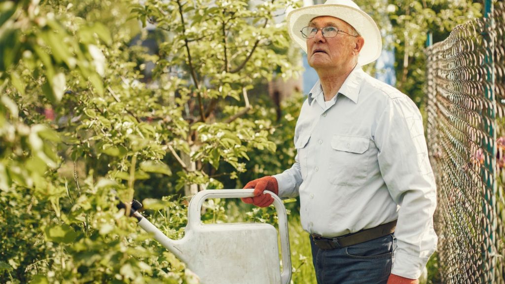 Senior man in the garden with a watering can