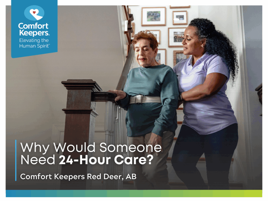 A senior woman is helped down the stairs by a caregiver. | Why Would Someone Need 24-Hour Care? | Comfort Keepers Red Deer 