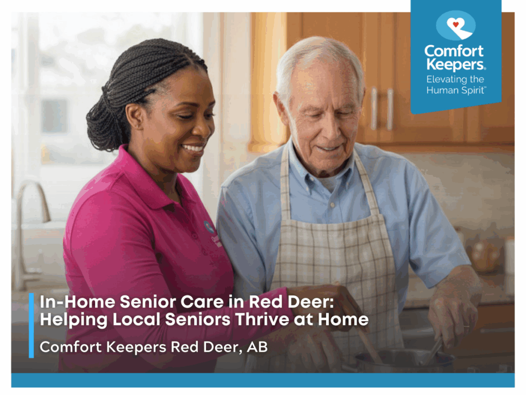 A senior male cooking in the kitchen with a caregiver's support | In-Home Senior Care in Red Deer: Helping Local Seniors Thrive at Home | Comfort Keepers Red Deer