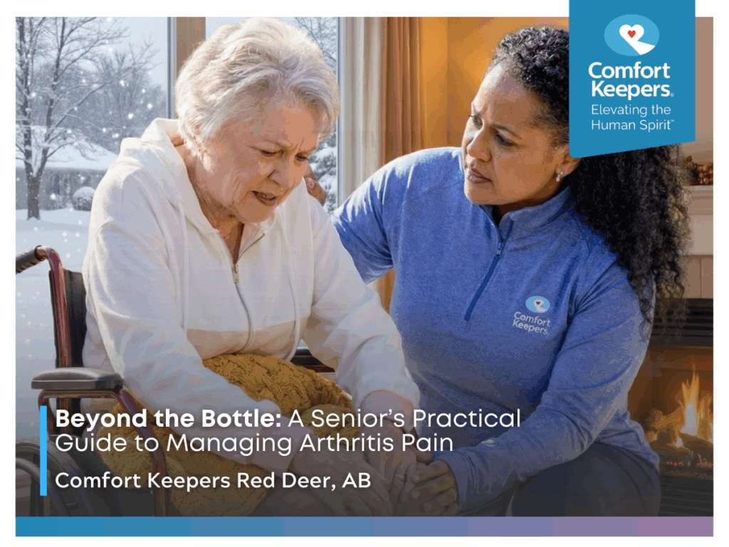 A senior woman is helped by her caregiver | Beyond the Bottle: A Senior’s Practical Guide to Managing Arthritis Pain | Comfort Keepers Red Deer