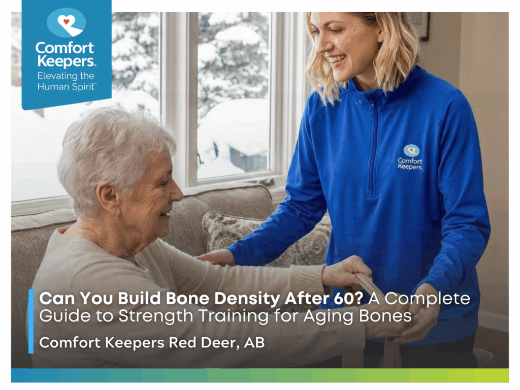 A senior being assisted by her caregiver | Can You Build Bone Density After 60? A Complete Guide to Strength Training for Aging Bones | Comfort Keepers Red Deer