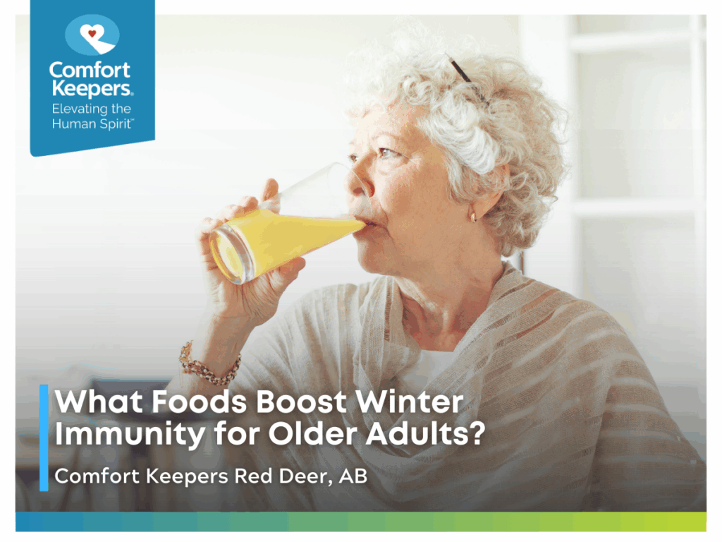 Senior woman drinking orange juice | What Foods Boost Winter Immunity for Older Adults? | Comfort Keepers Red Deer