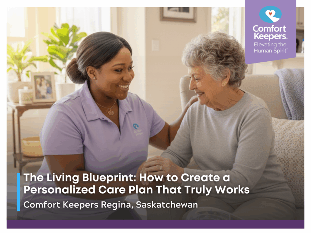 A senior woman sits and laughs with her caregiver | The Living Blueprint: How to Create a Personalized Care Plan That Truly Works | Comfort Keepers Regina