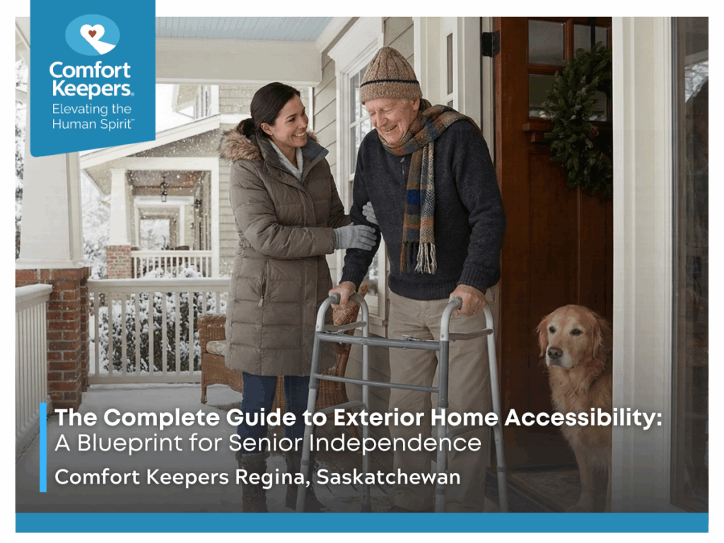 A senior man with a walker assisted by a caregiver | The Complete Guide to Exterior Home Accessibility: A Blueprint for Senior Independence | Comfort Keepers Regina