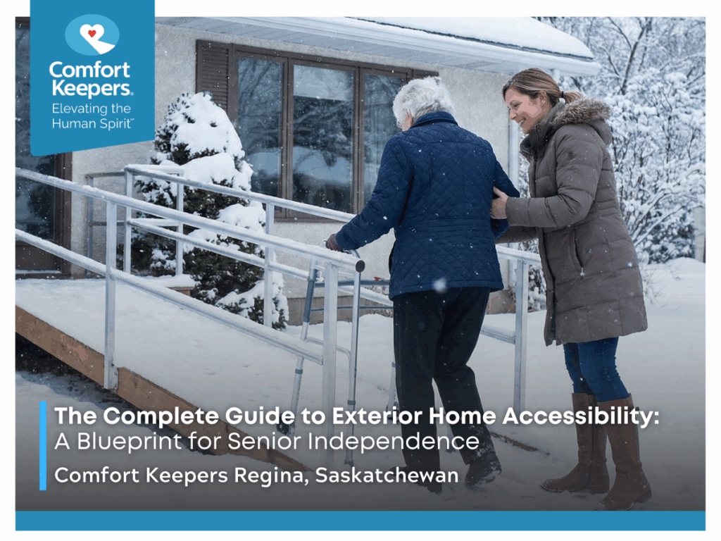 A senior woman being assisted up a ramp by a caregiver | The Complete Guide to Exterior Home Accessibility: A Blueprint for Senior Independence | Comfort Keepers Regina