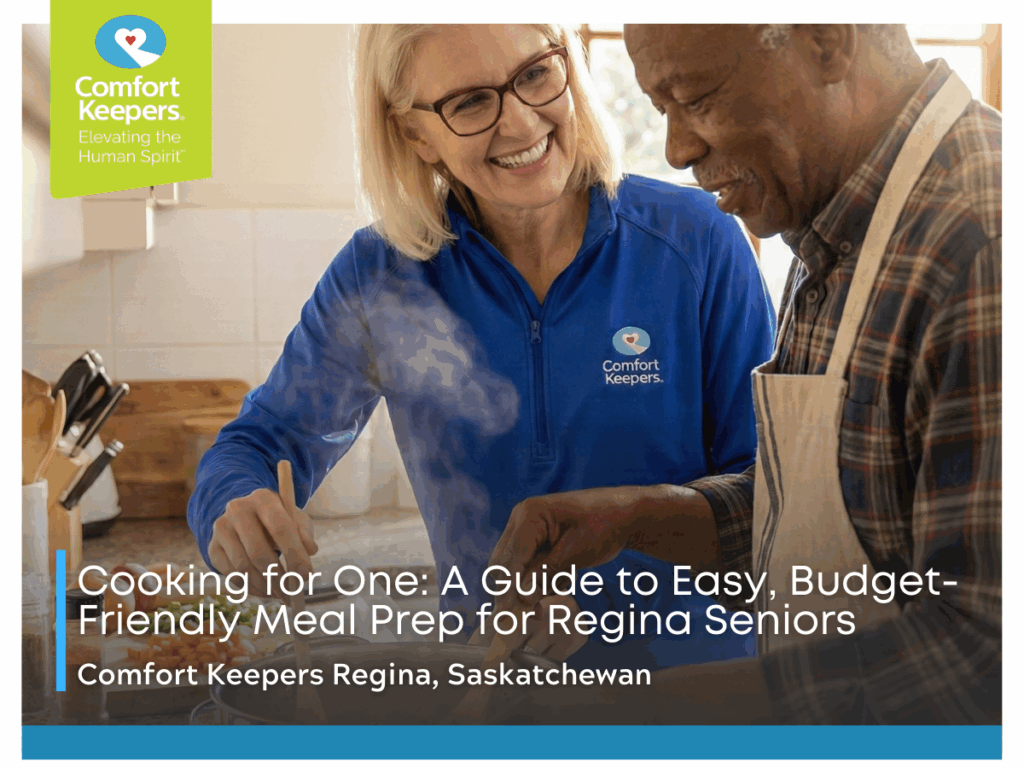 A senior male cooking with his caregiver | Easy Budget Meal Prep Tips for Seniors Living Alone | Comfort Keepers Regina