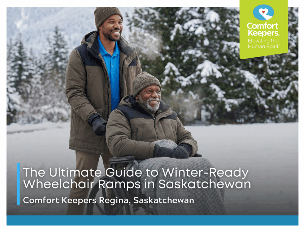 A senior caregiver pushes a male senior in a wheelchair outside  during winter | Winterproofing Outdoor Wheelchair Ramps in Saskatchewan | Comfort Keepers Regina | Comfort Keepers Regina