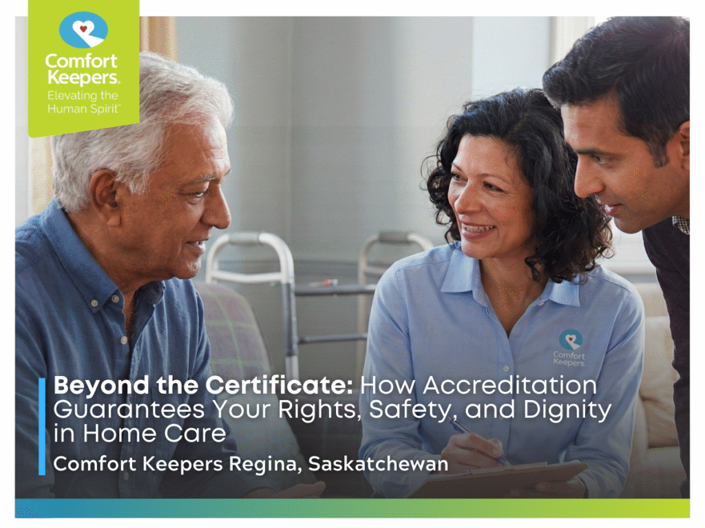 A senior male talks to a Comfort Keepers Caregiver | Beyond the Certificate: How Accreditation Guarantees Your Rights, Safety, and Dignity in Home Care | Comfort Keepers Regina