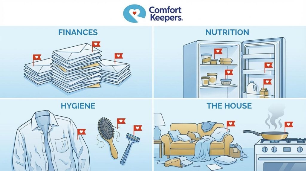 Comfort Keepers infographic with four sections: finances, nutrition, hygiene, and the house | Why Canadian Families Must Plan for "Failure to Cope" Now | Comfort Keepers Regina
