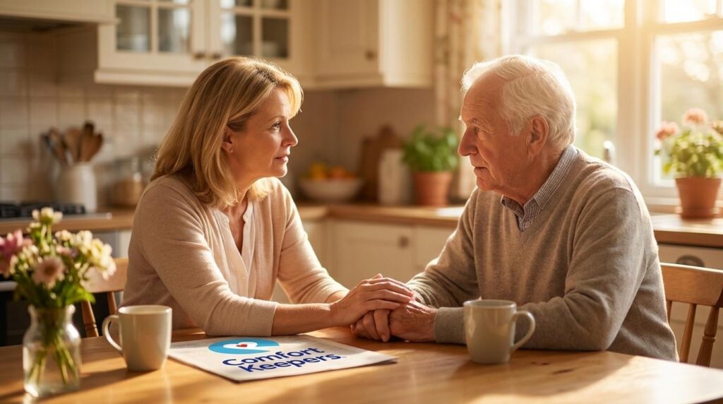 A senior couple sits at the kitchen table holding hands. A Comfort Keepers folder sits atop the table. | Failure to Cope | Comfort Keepers Regina