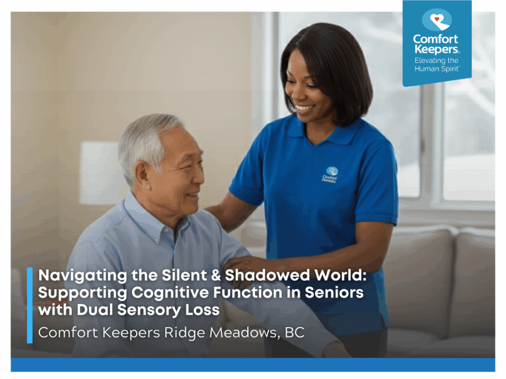 A senior male being assisted by his caregiver | Navigating the Silent & Shadowed World: Supporting Cognitive Function in Seniors with Dual Sensory Loss | Comfort Keepers Ridge Meadows