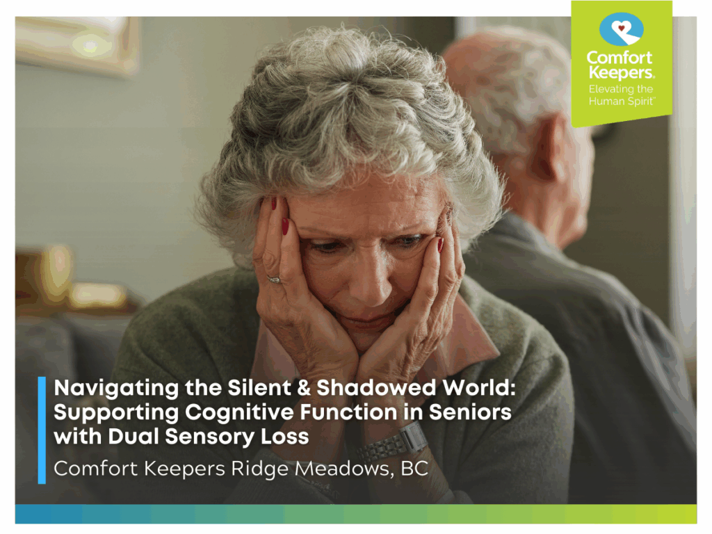 A senior woman seated with her head rested in her hands | Navigating the Silent & Shadowed World: Supporting Cognitive Function in Seniors with Dual Sensory Loss | Comfort Keepers Ridge Meadows
