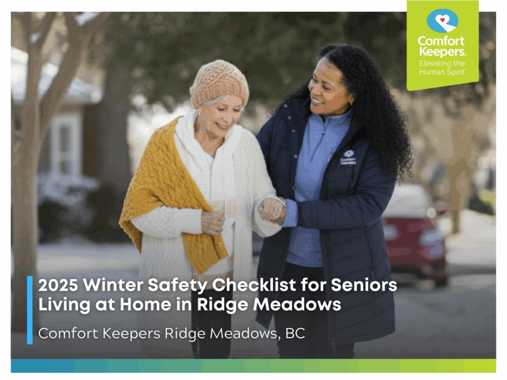 A senior woman walking outside and being assisted by her caregiver | 2025 Winter Safety Checklist for Seniors Living at Home in Ridge Meadows | Comfort Keepers Ridge Meadows