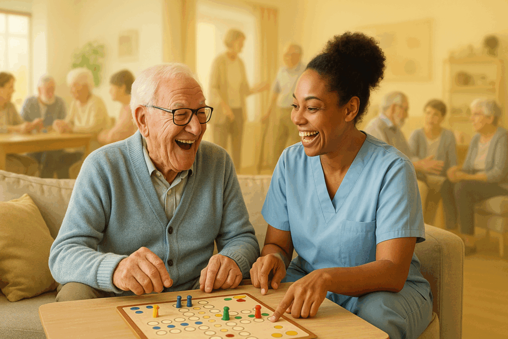 Senior male laughing with caregiver in a senior short-term facility | Comfort Keepers Tri-Cities | Respite Care in the Tri-Cities | BLOG POST